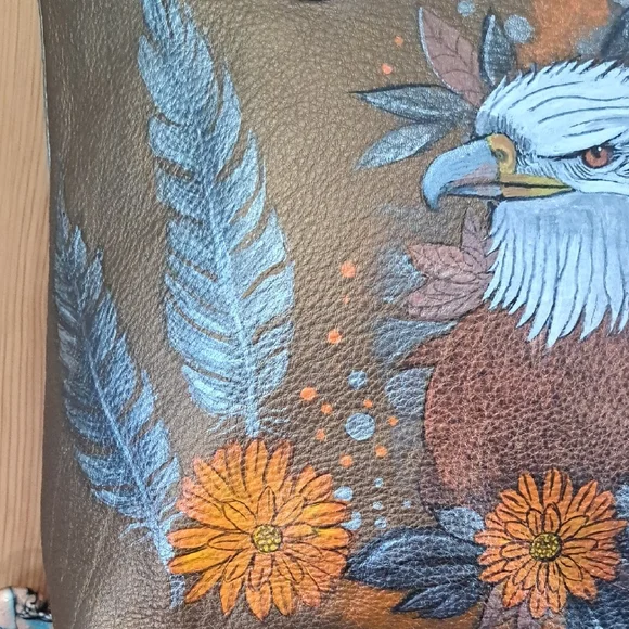 Hand Painted Women's Tote Bag Satchel Eagle & Floral Artwork Purse Shoulder Bag - Picture 5 of 16